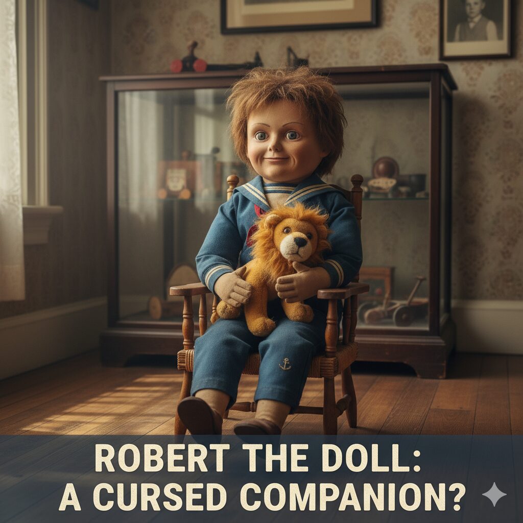 A depiction of Robert the Doll, seated on a small wooden chair, holding a stuffed lion.
