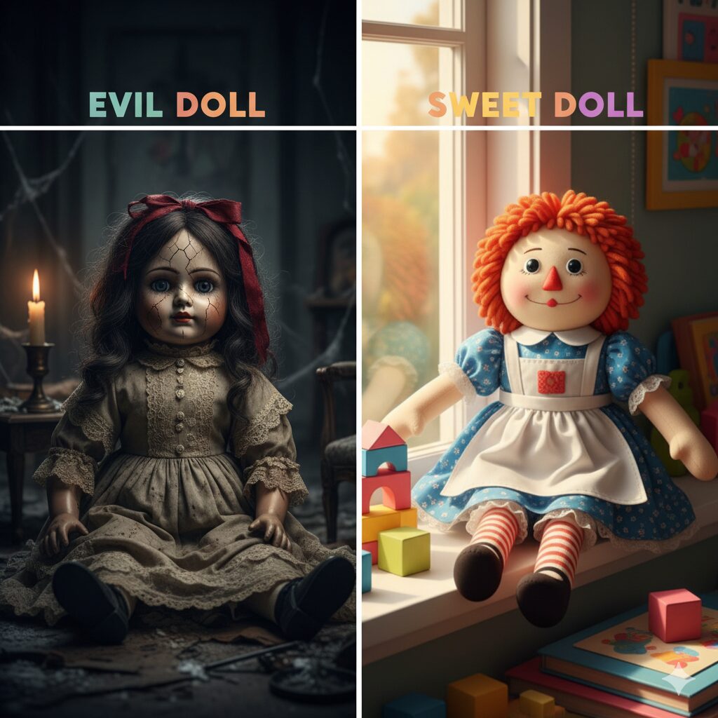 A split image showing the creepy movie doll versus a Raggedy Ann doll