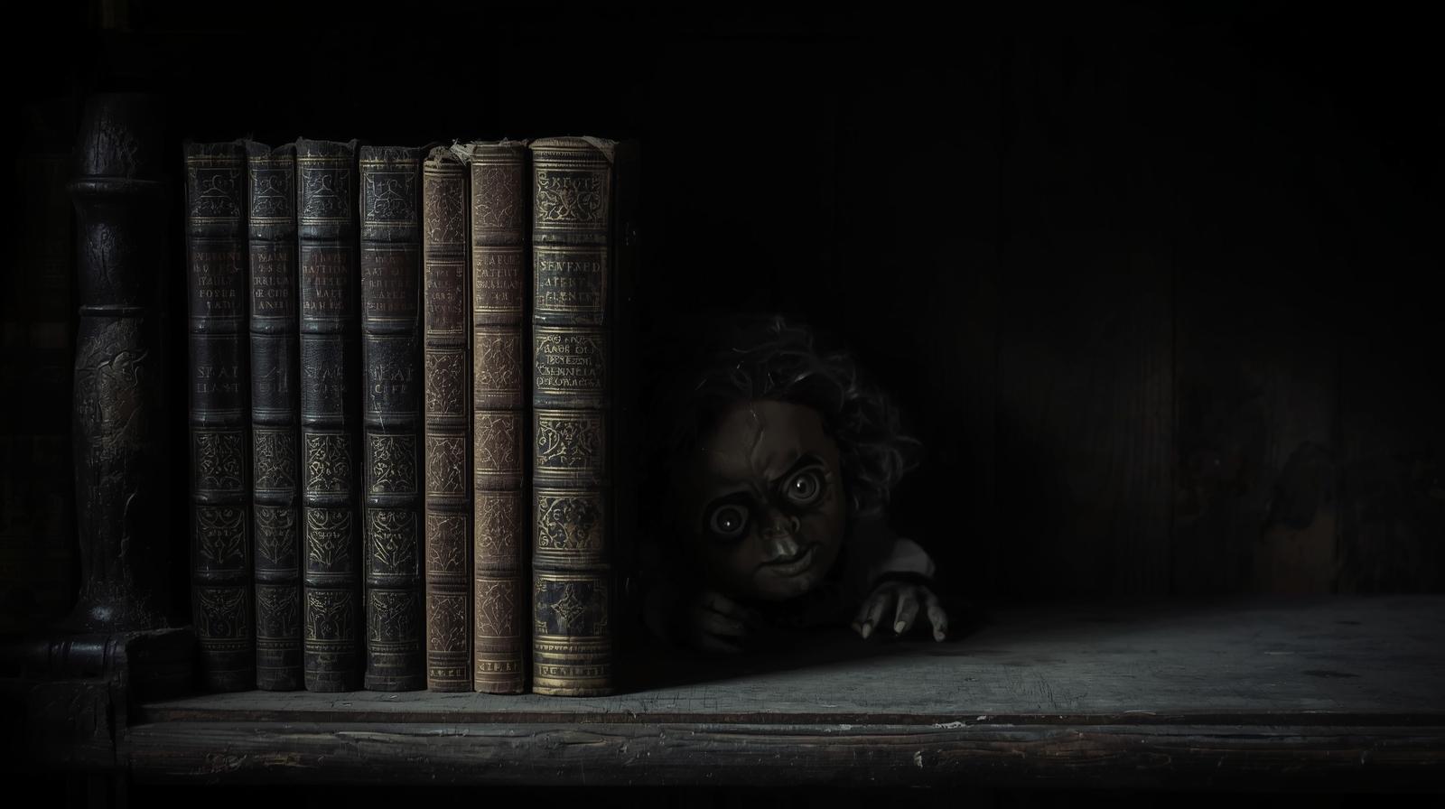 An atmospheric image of old, leather-bound books on a dusty shelf, with a creepy doll partially visible in the shadows.