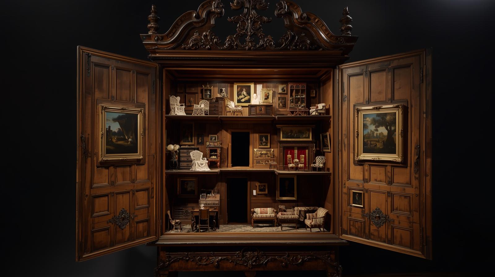 A detailed 18th-century English dollhouse showing the interior rooms.