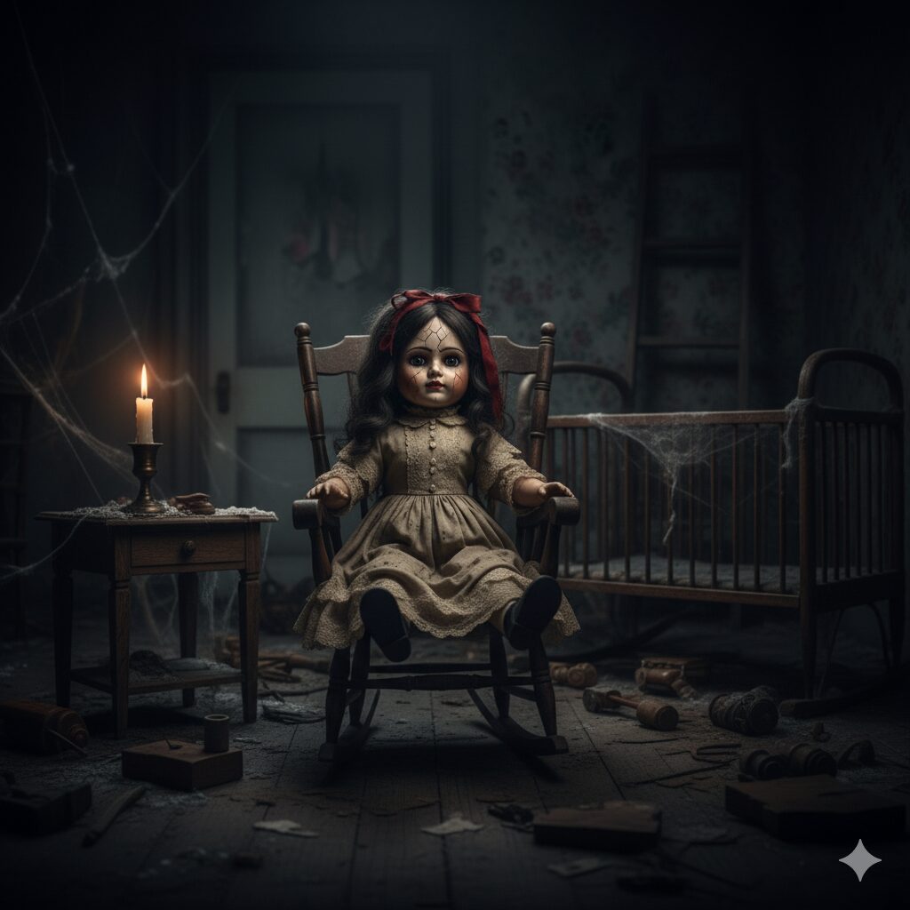 The creepy Annabelle doll sitting in a rocking chair in a dark nursery.