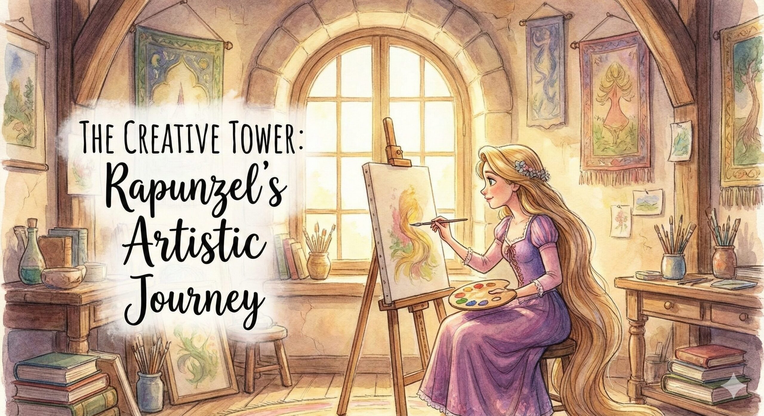 Artistic rendering of Rapunzel painting in her tower