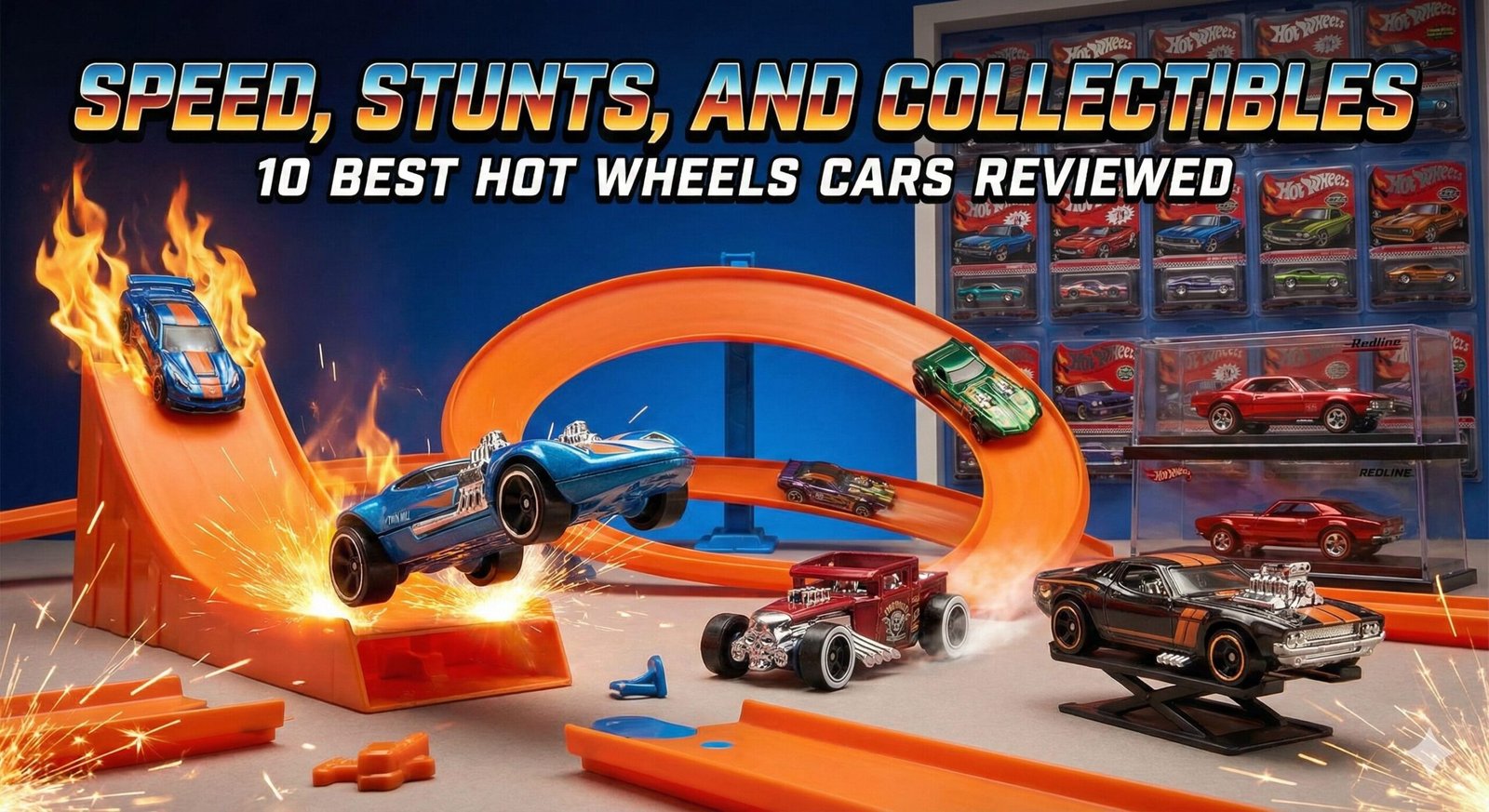 Collection of Hot Wheels cars on a track