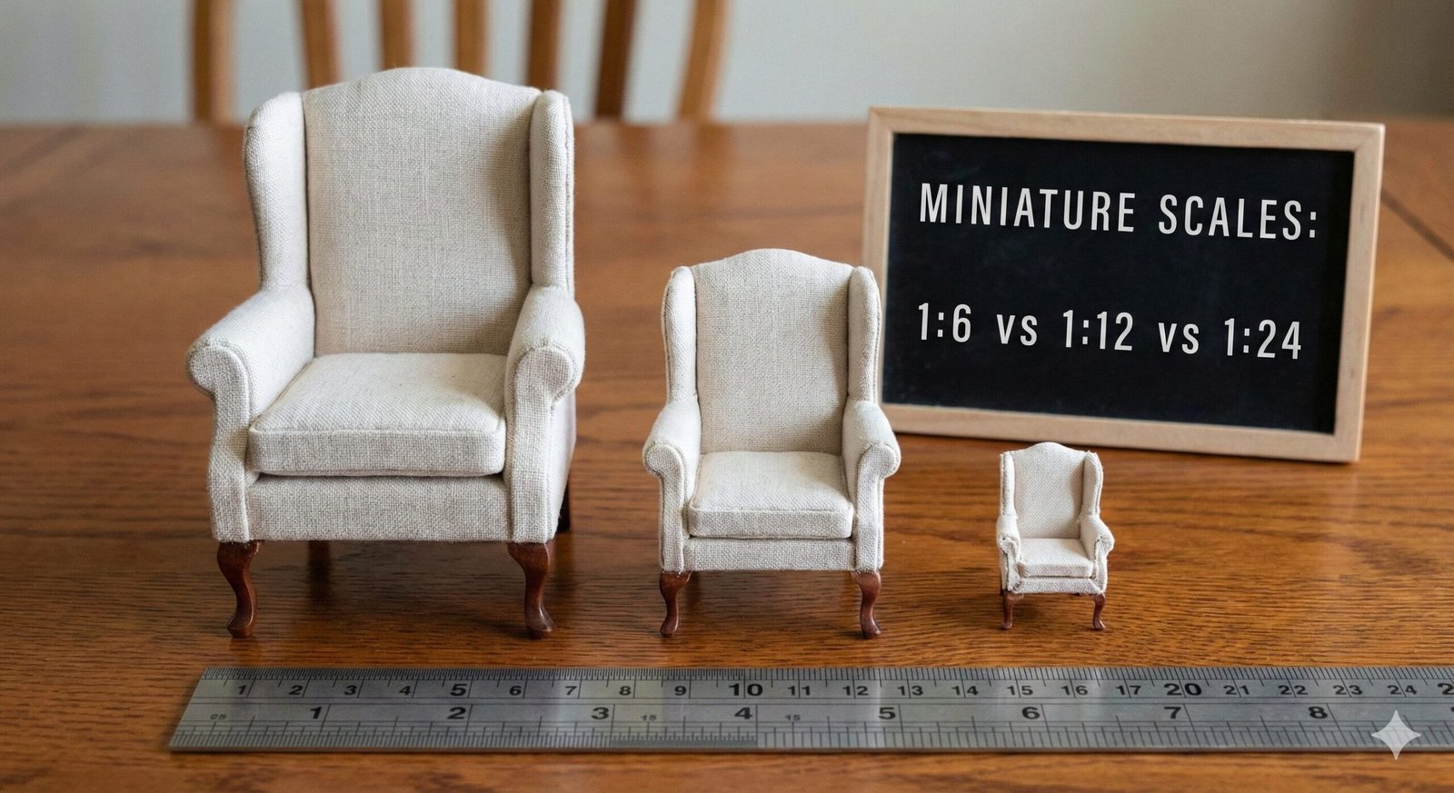 Comparison of 1:6 scale dollhouse vs 1:12 and 1:24 scale miniatures
