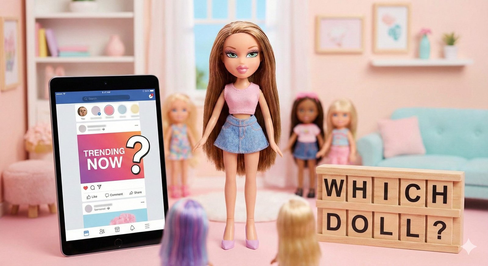 Collection of colorful modern fashion dolls on a display shelf