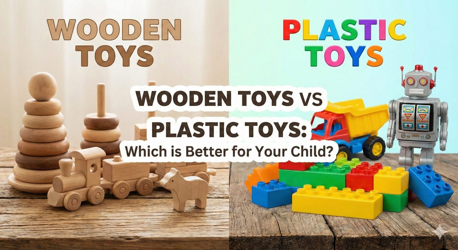Wooden toys vs plastic toys comparison on a table