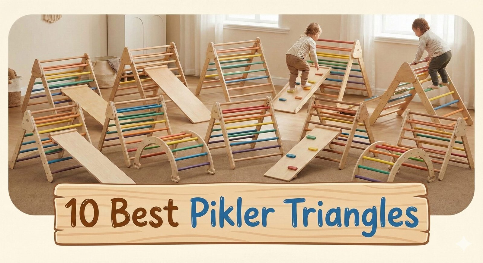 Montessori playroom with various wooden climbing triangles and slides