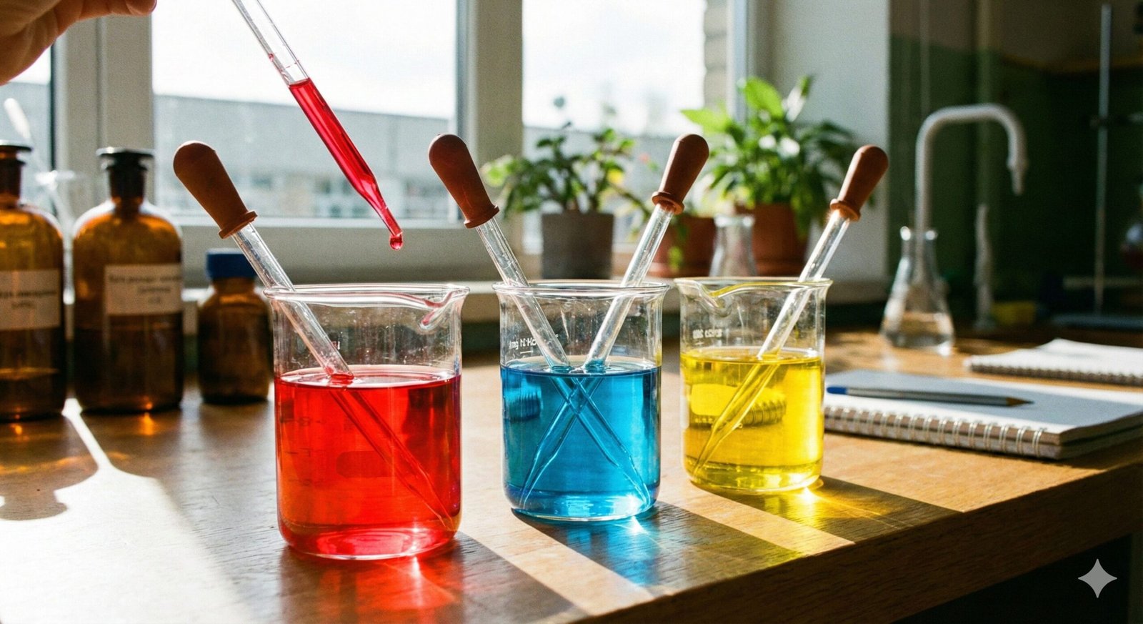 Primary colored water in clear beakers with pipettes