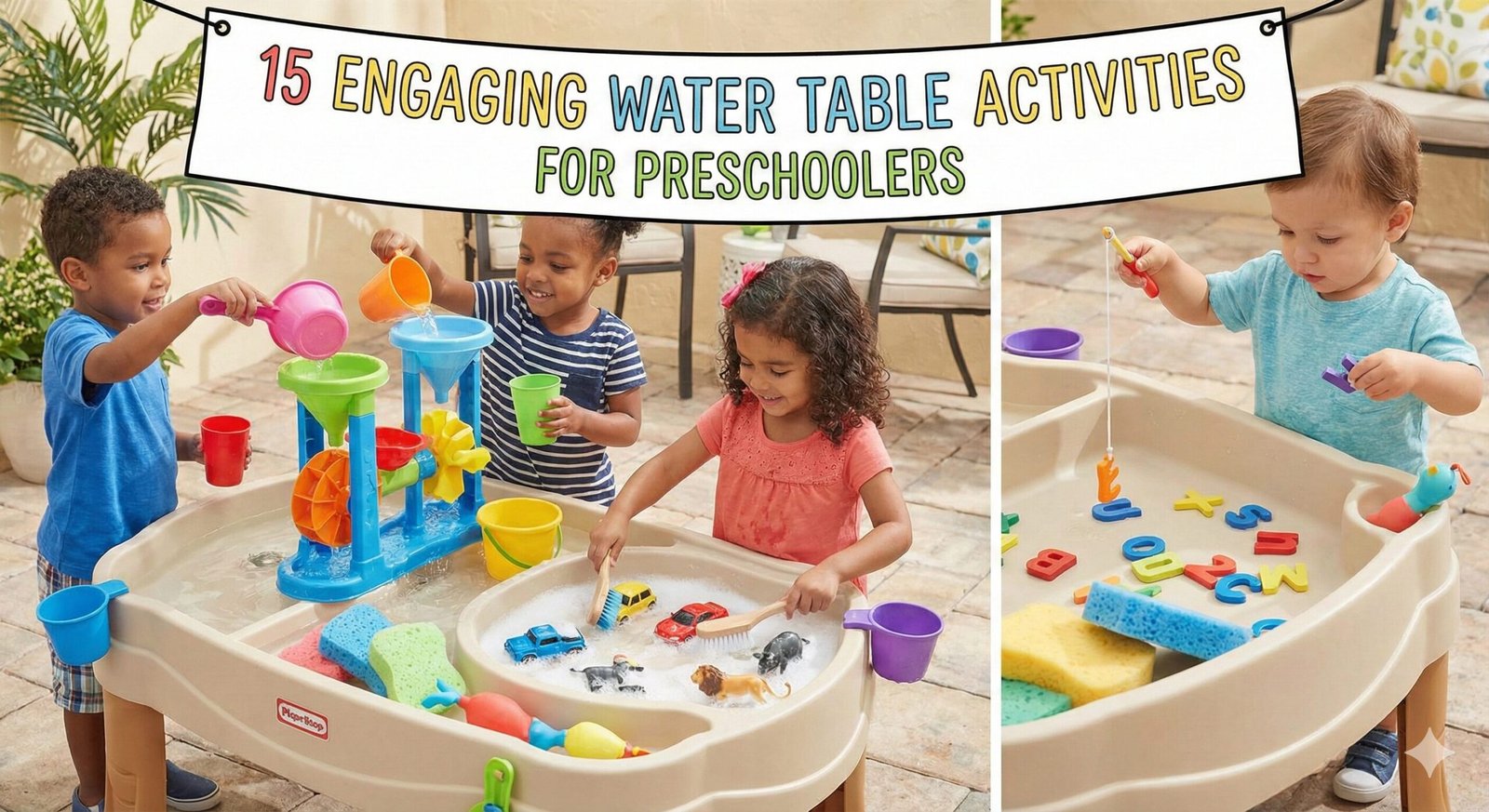Group of preschoolers playing with a colorful water table outdoors