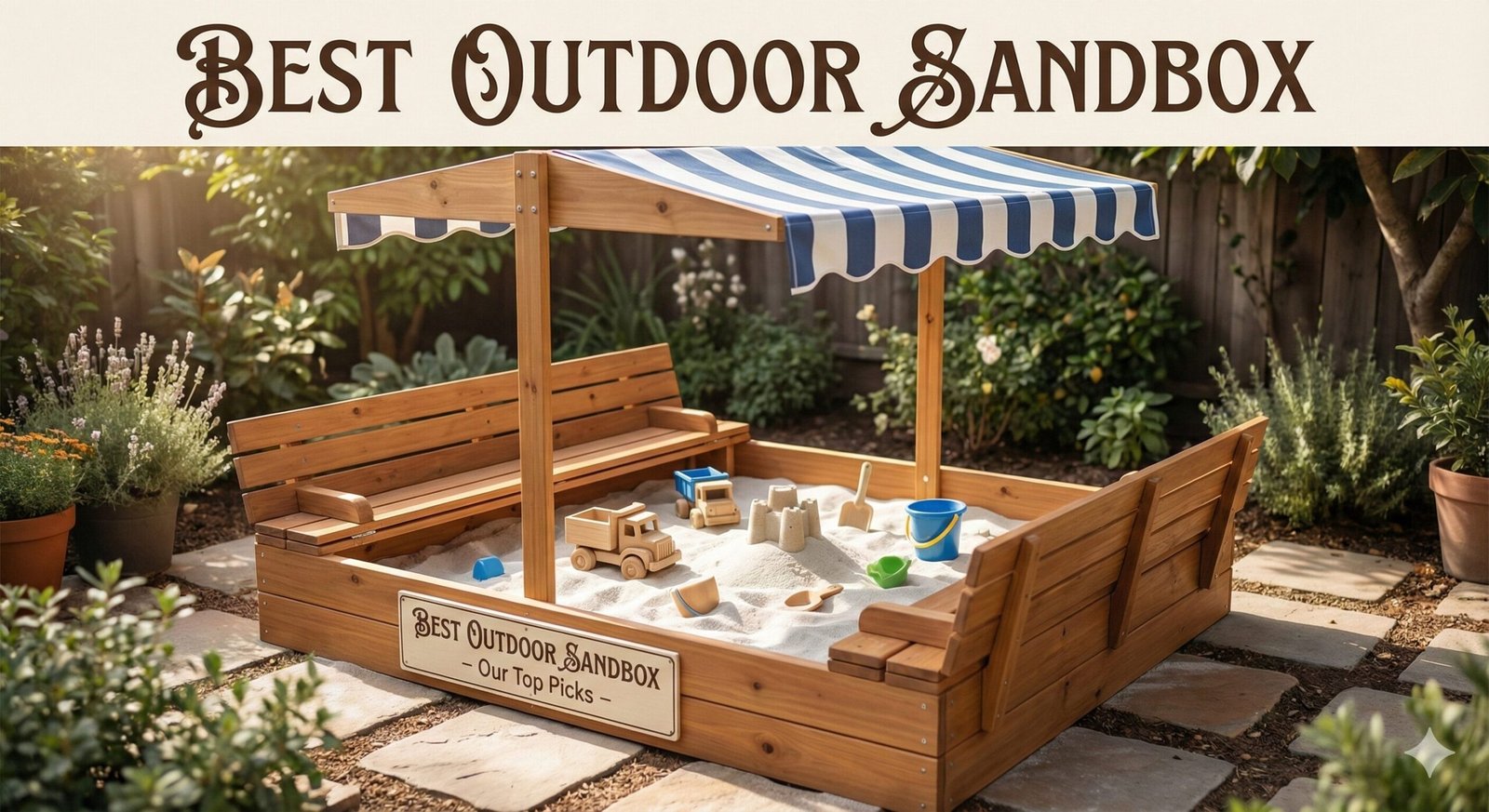 Backyard scene featuring a wooden sandbox with canopy and playing children