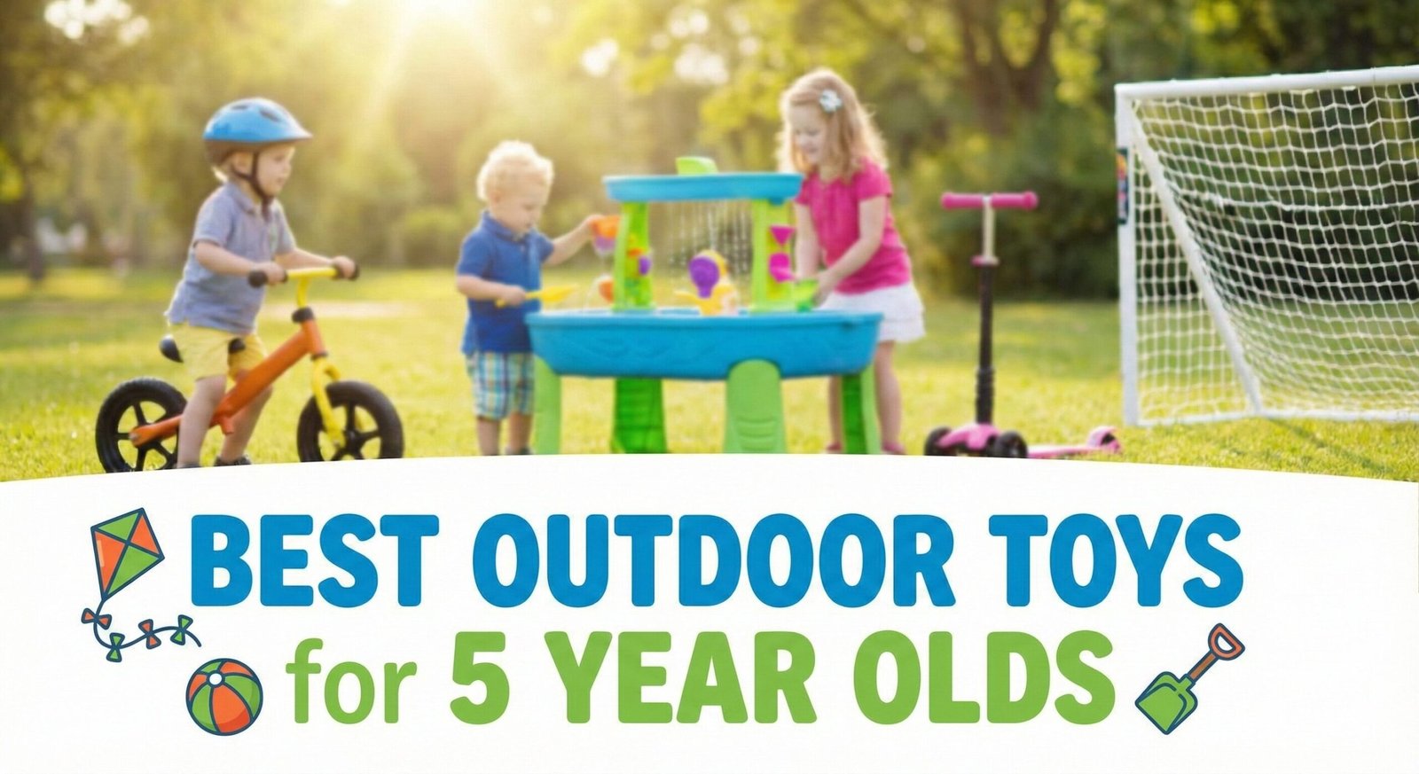Five year old kids racing scooters and blowing bubbles in a sunny park